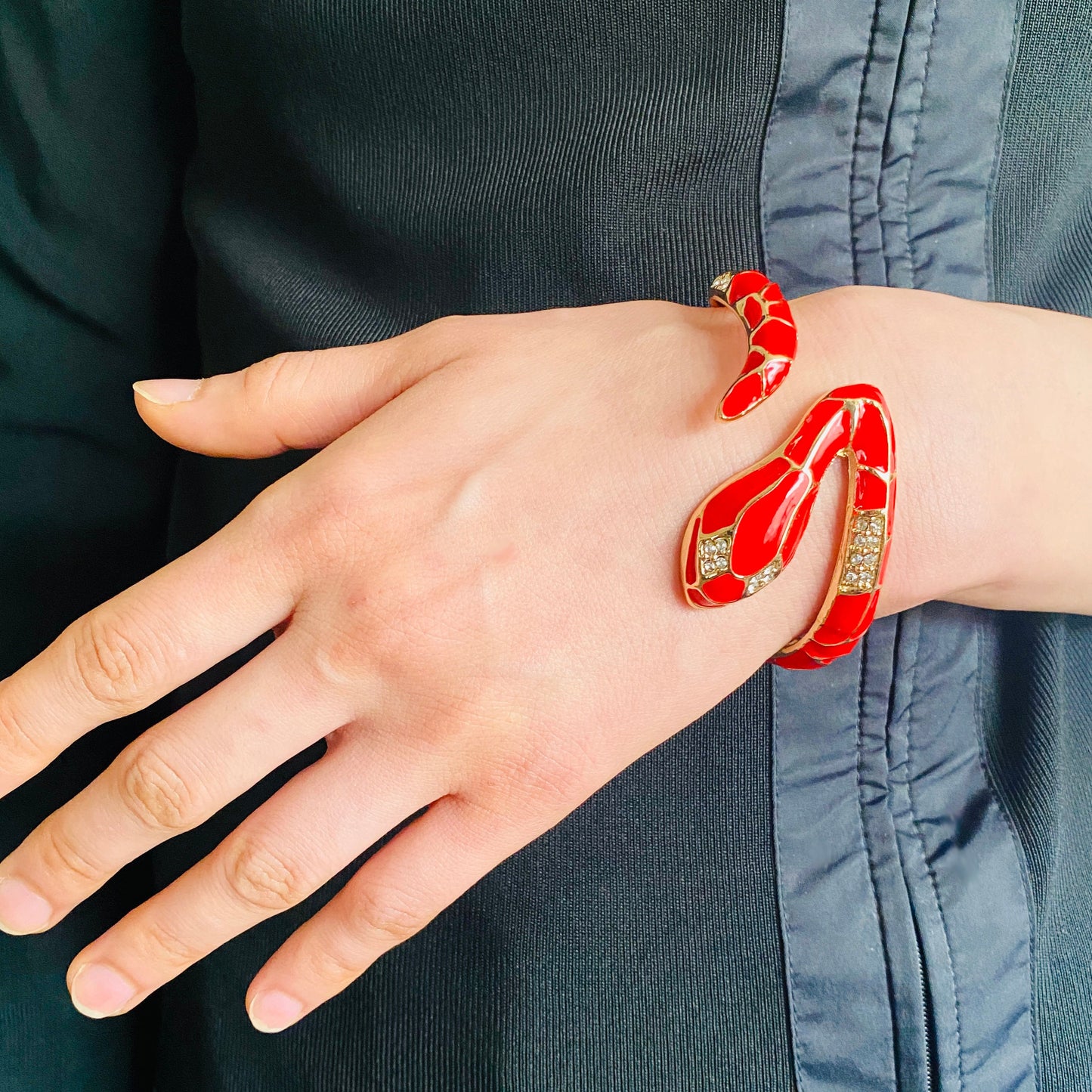 Gothic Gold-Toned Red Snake Cuff Bracelet | Unisex Crimson Serpent Bangle with Crystals | Boho Statement Jewelry