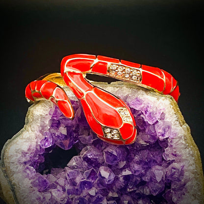 Gothic Gold-Toned Red Snake Cuff Bracelet | Unisex Crimson Serpent Bangle with Crystals