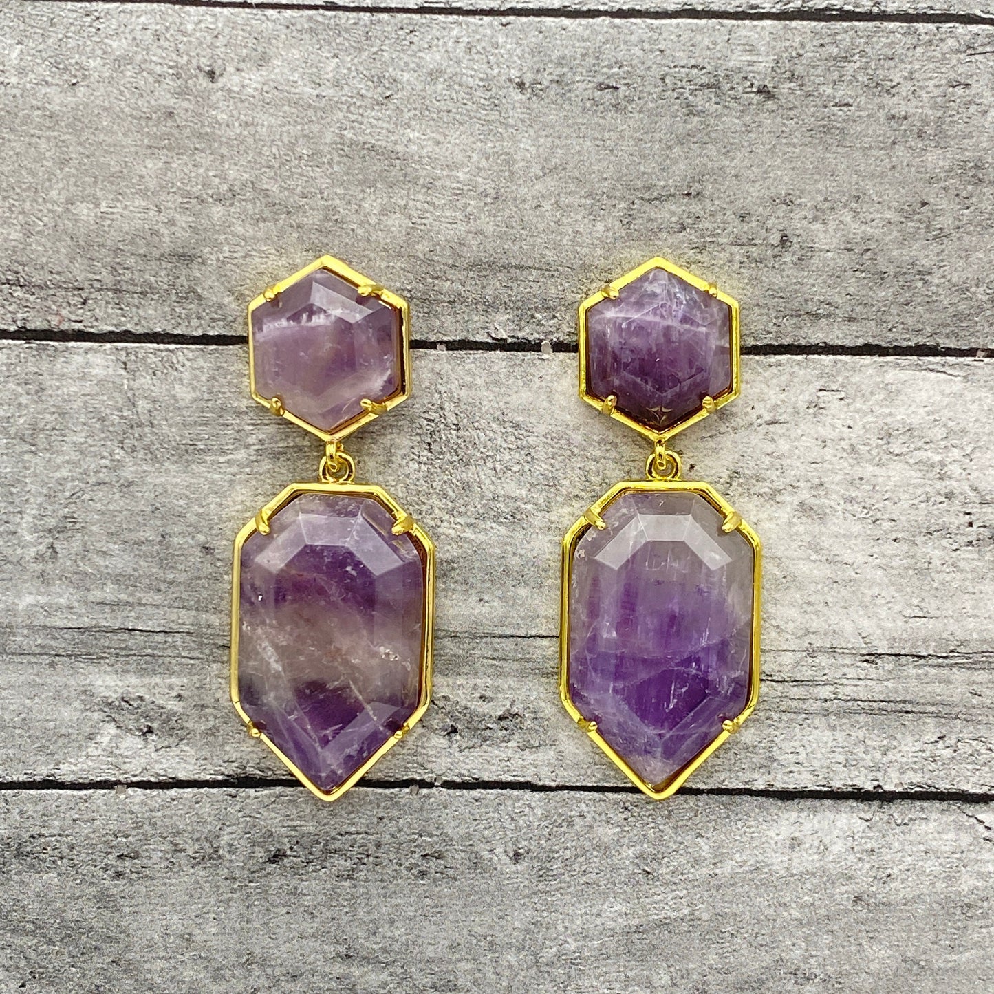 Natural Gemstone Dangle Earrings, Bohemian Style Gold-toned Birthstone Amethyst, Rose Quartz Stone Jewelry