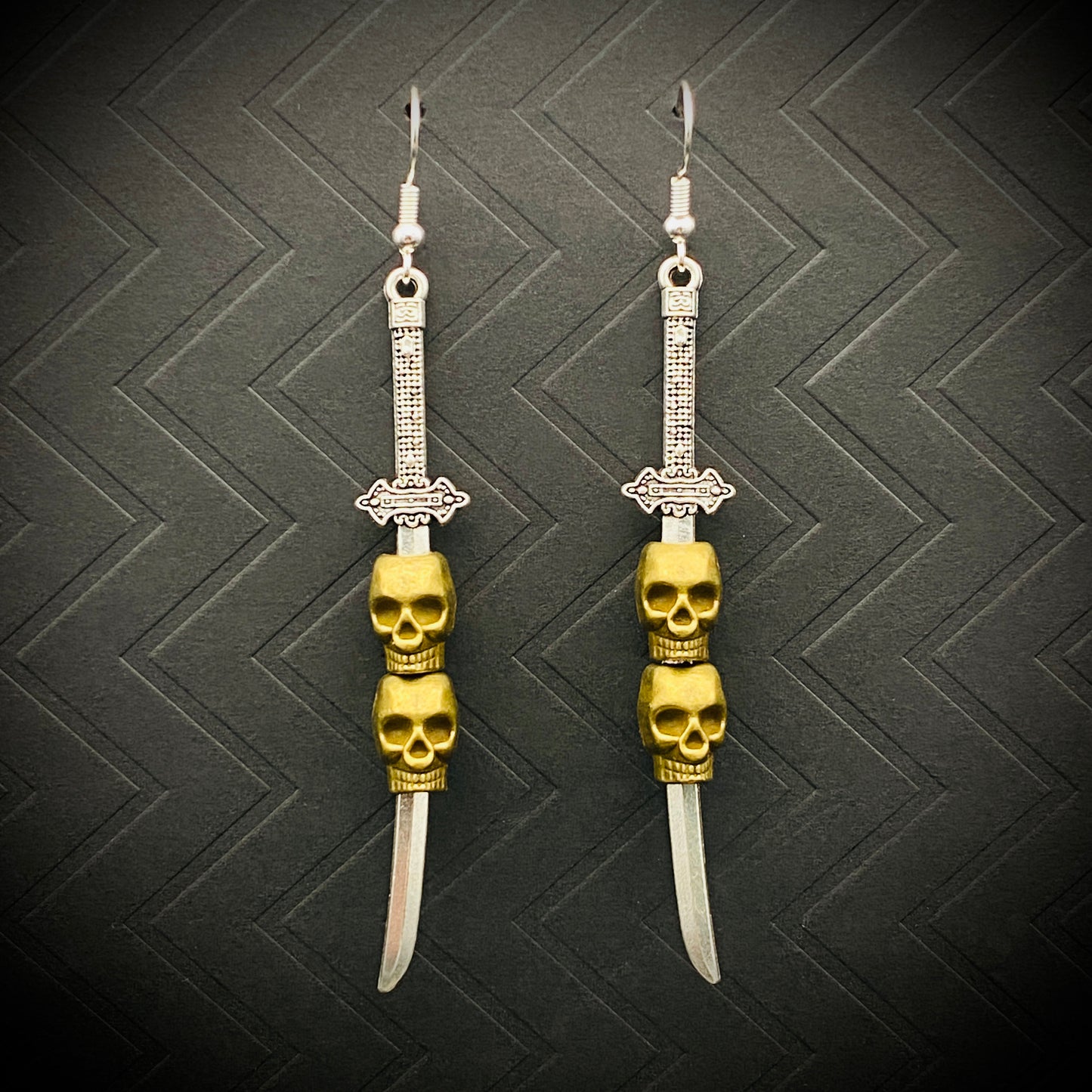 Medieval Silver Sword with Skull Dangle Earrings | Gothic Gold Skull and Dagger Jewelry | Boho Skull Jewelry | Perfect Gift for Sword Lovers