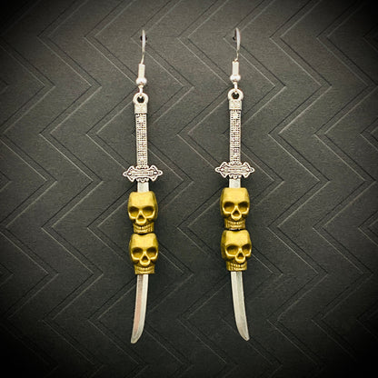 Medieval Silver Sword with Skull Dangle Earrings | Gothic Gold Skull and Dagger Statement Jewelry