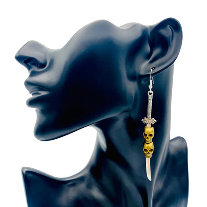 Medieval Silver Sword with Skull Dangle Earrings | Gothic Gold Skull and Dagger Statement Jewelry
