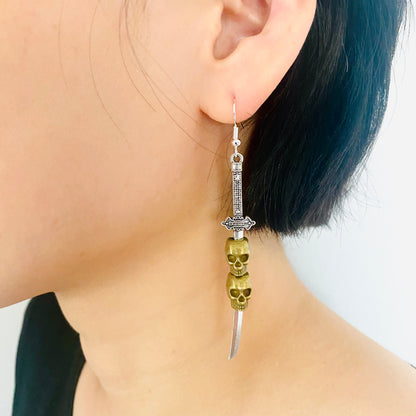 Medieval Silver Sword with Skull Dangle Earrings | Gothic Gold Skull and Dagger Statement Jewelry