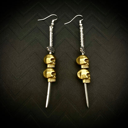 Medieval Silver Sword with Skull Dangle Earrings | Gothic Gold Skull and Dagger Statement Jewelry