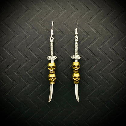 Medieval Silver Sword with Skull Dangle Earrings | Gothic Gold Skull and Dagger Statement Jewelry
