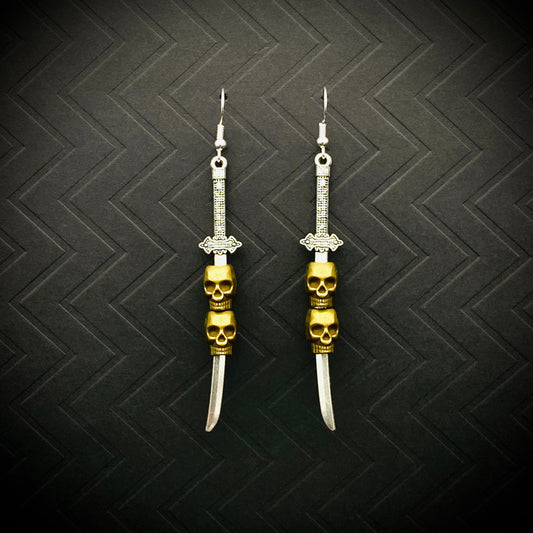 Medieval Silver Sword with Skull Dangle Earrings | Gothic Gold Skull and Dagger Jewelry | Boho Skull Jewelry | Perfect Gift for Sword Lovers