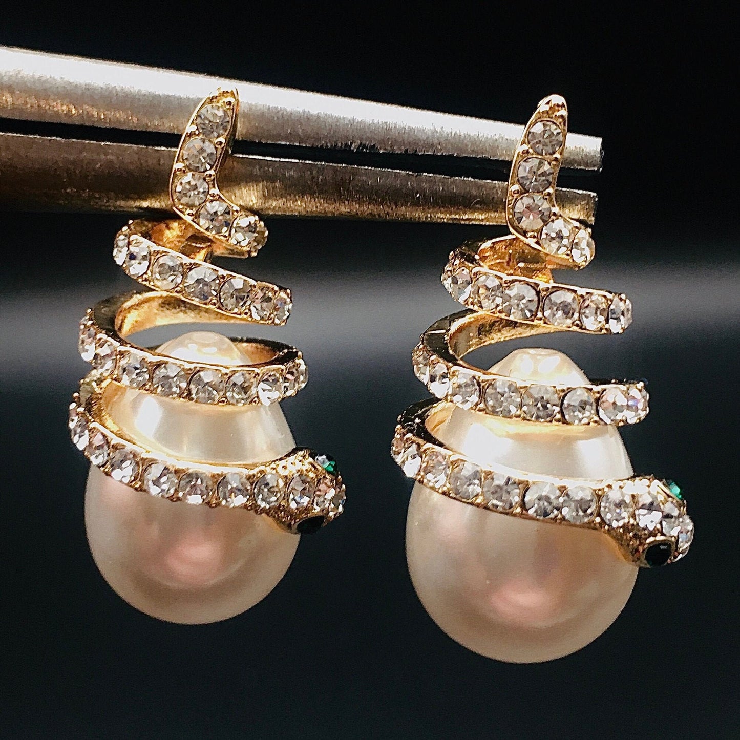 Victorian Gothic Gold Snake Pearl Drop Earrings: Serpent Climber Pearl Earrings | Statement Wrap-around Viper Jewelry,