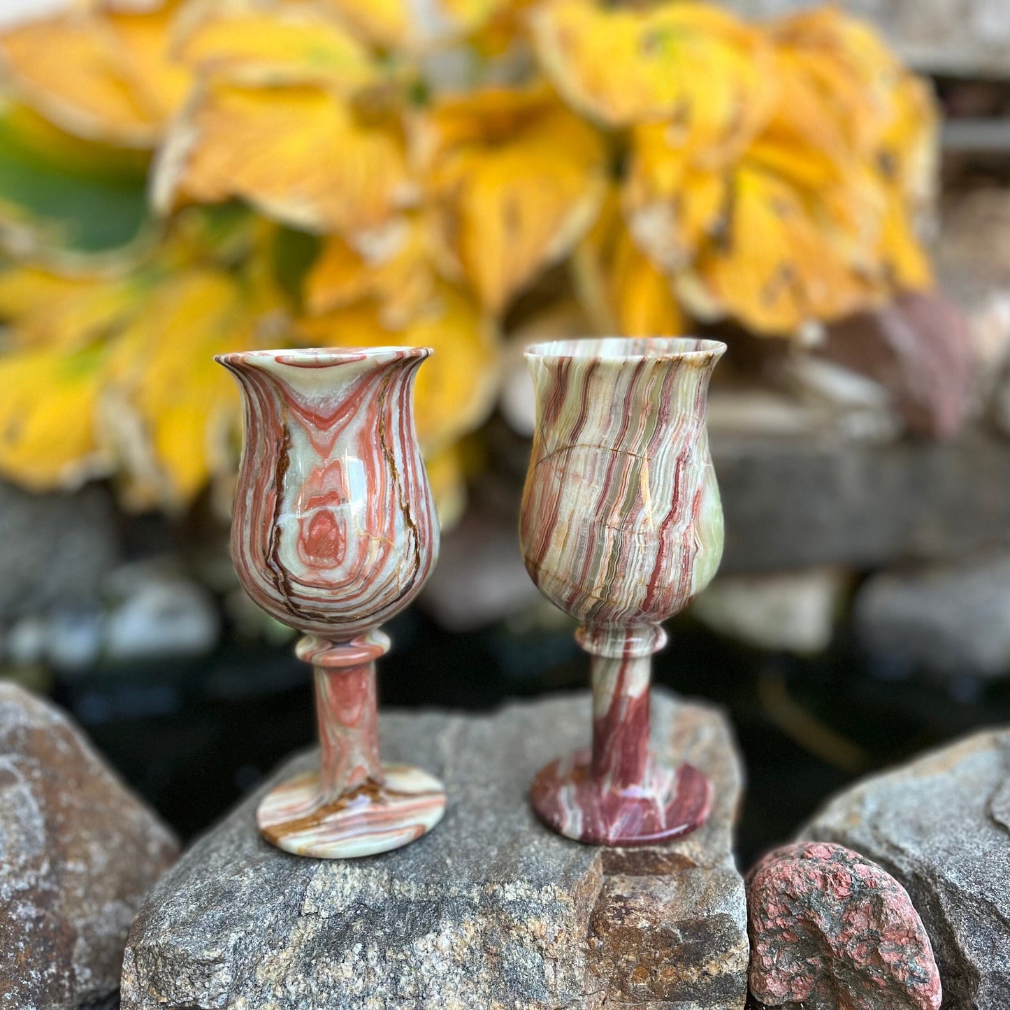 Handcrafted Set of Two Medium-Sized Green Onyx Stone Marble Wine Goblets: Onyx Cordials, Ideal Outdoor Barware, Stone Cups