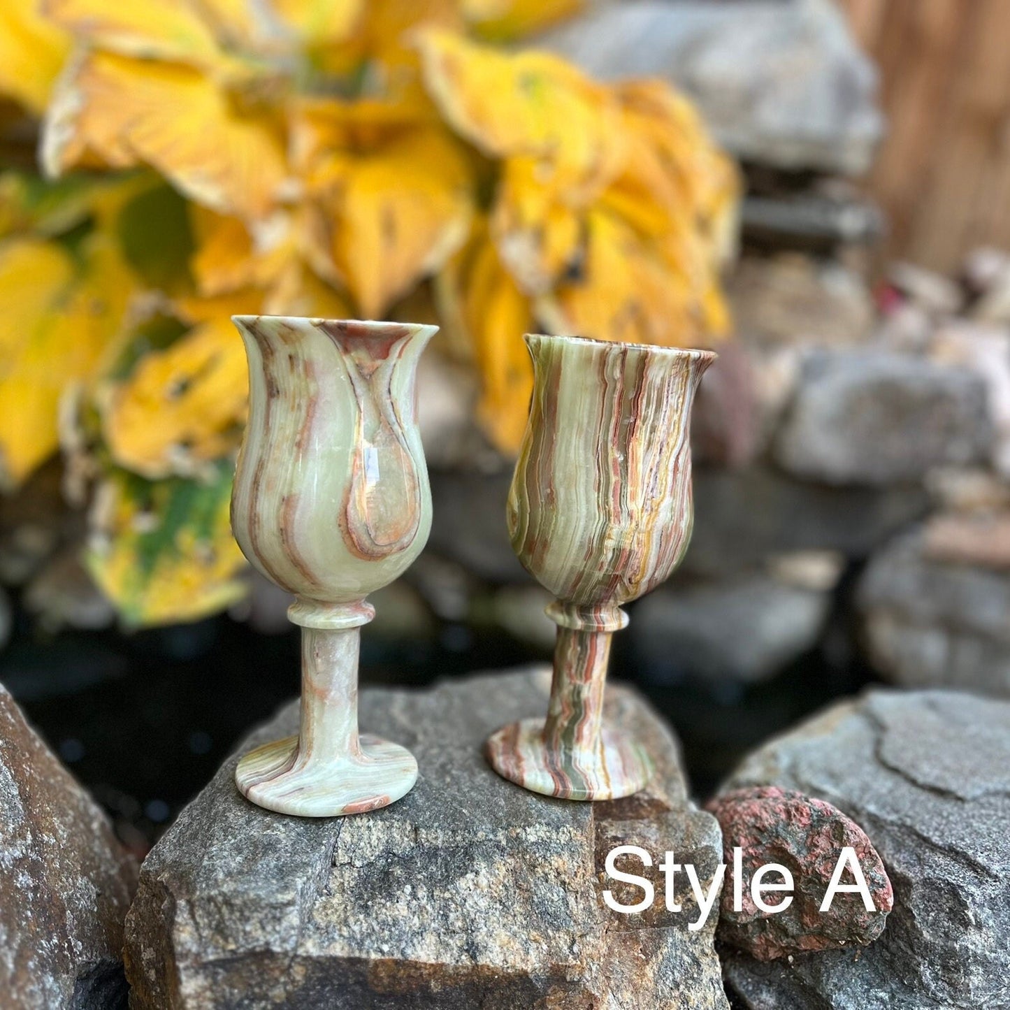 Handcrafted Set of Two Medium-Sized Green Onyx Stone Marble Wine Goblets: Onyx Cordials, Ideal Outdoor Barware, Stone Cups