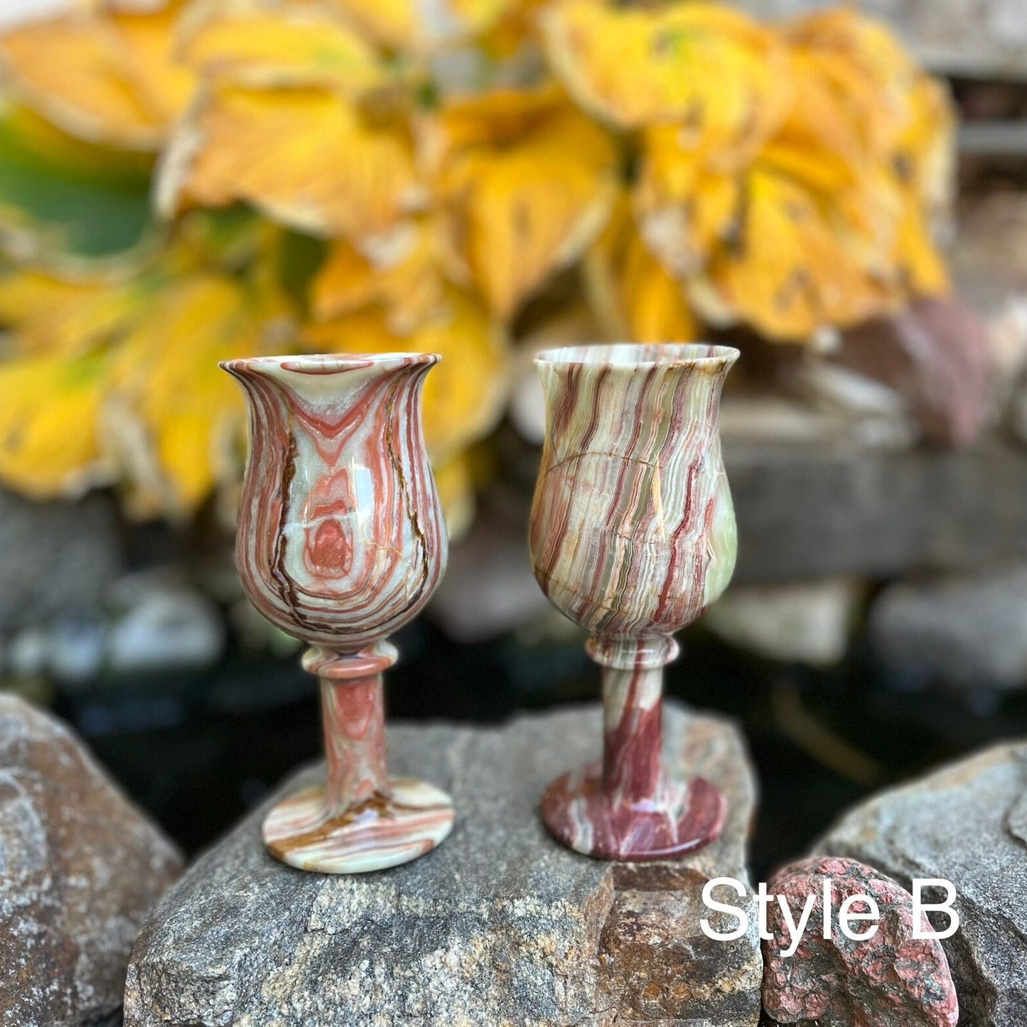 Handcrafted Set of Two Medium-Sized Green Onyx Stone Marble Wine Goblets: Onyx Cordials, Ideal Outdoor Barware, Stone Cups