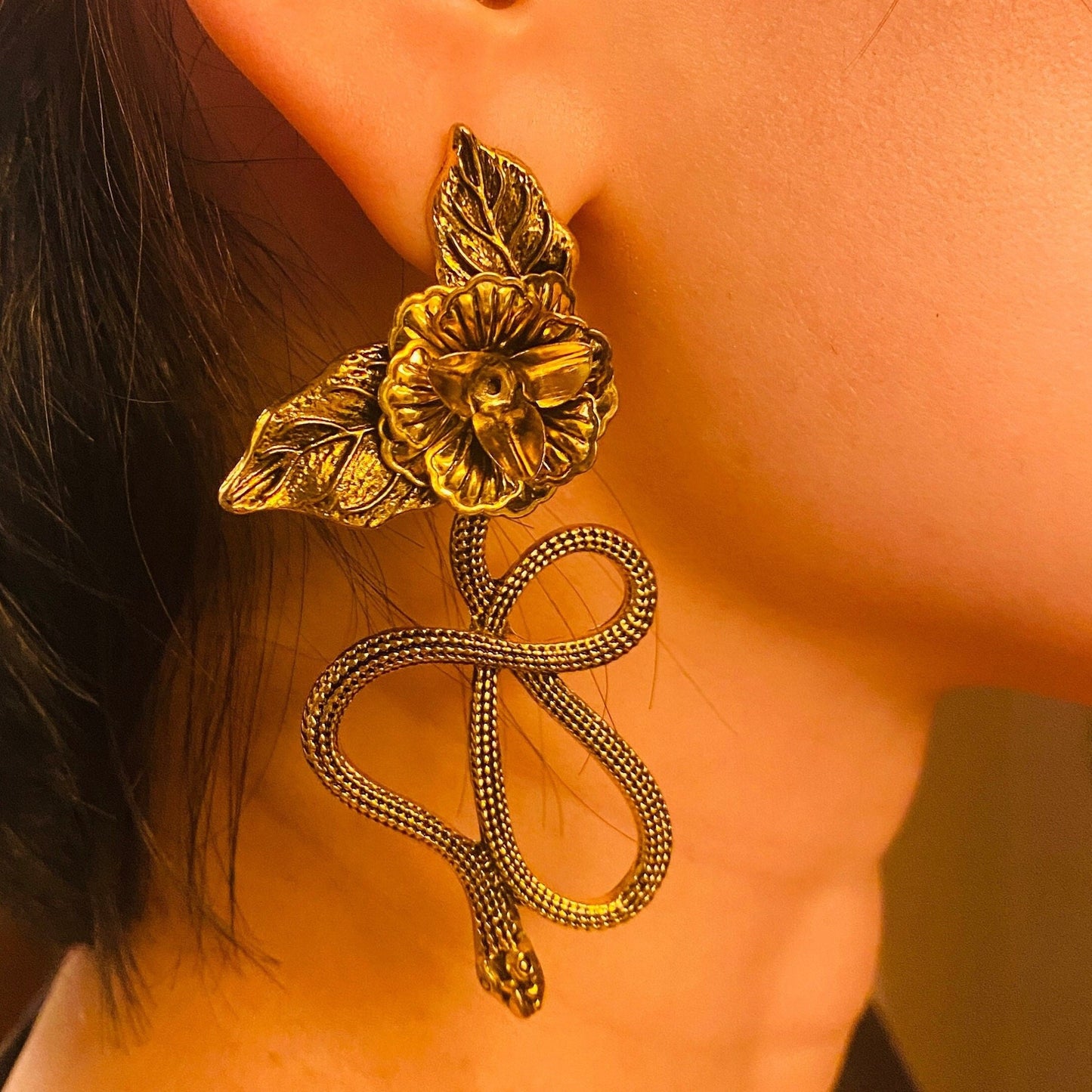 Victorian Gothic Gold Rose & Snake Dangle Earrings