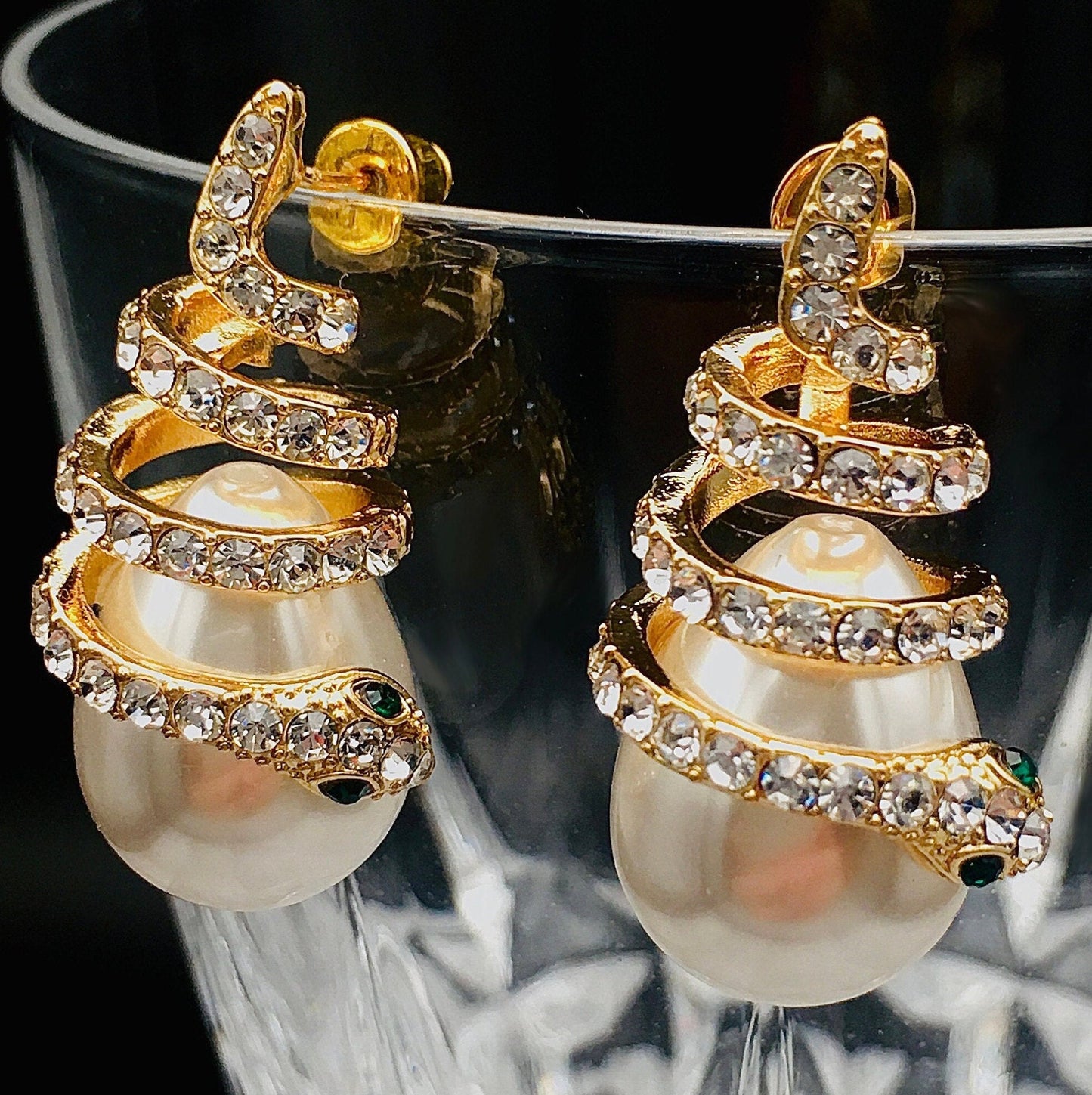 Victorian Gothic Gold Snake Pearl Drop Earrings: Serpent Climber Pearl Earrings | Statement Wrap-around Viper Jewelry,