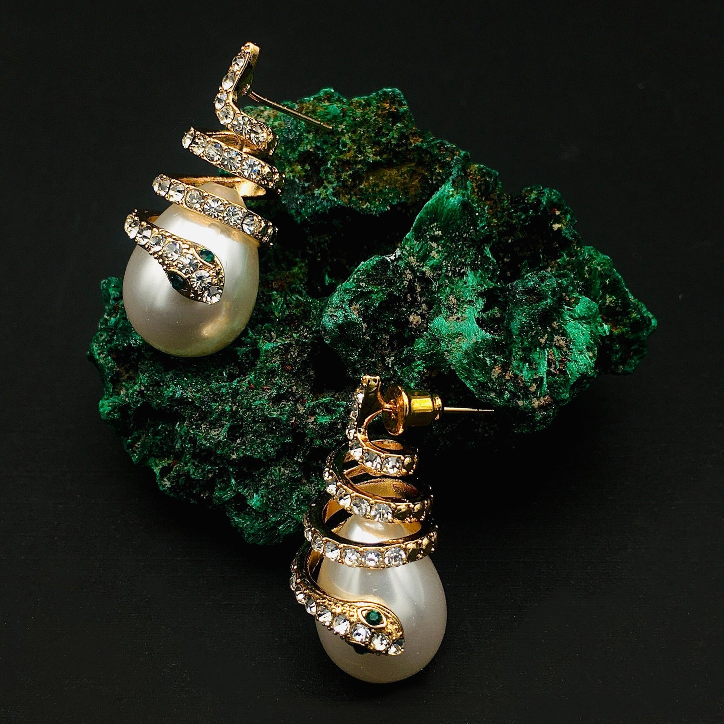 Victorian Gothic Gold Snake Pearl Drop Earrings: Serpent Climber Pearl Earrings | Statement Wrap-around Viper Jewelry,