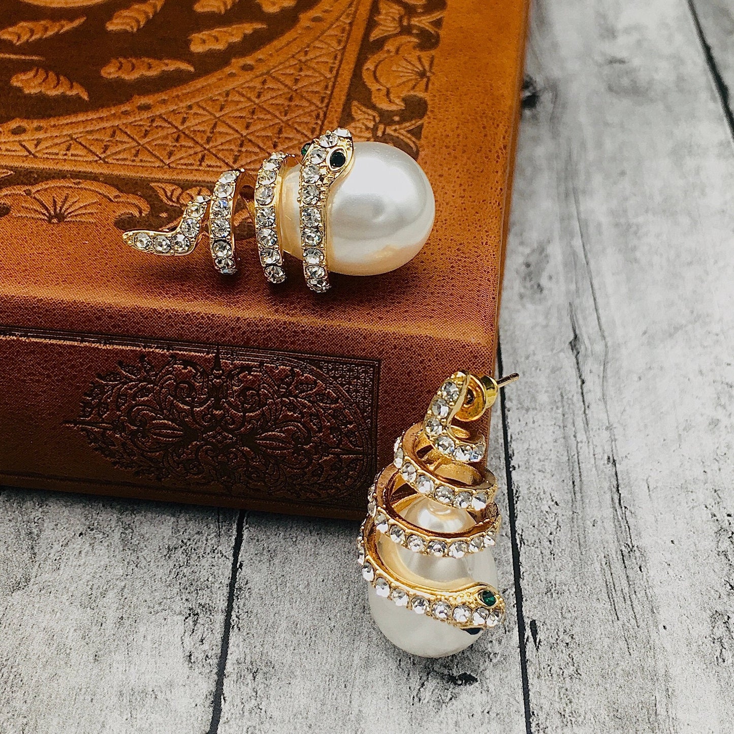 Victorian Gothic Gold Snake Pearl Drop Earrings: Serpent Climber Pearl Earrings | Statement Wrap-around Viper Jewelry,