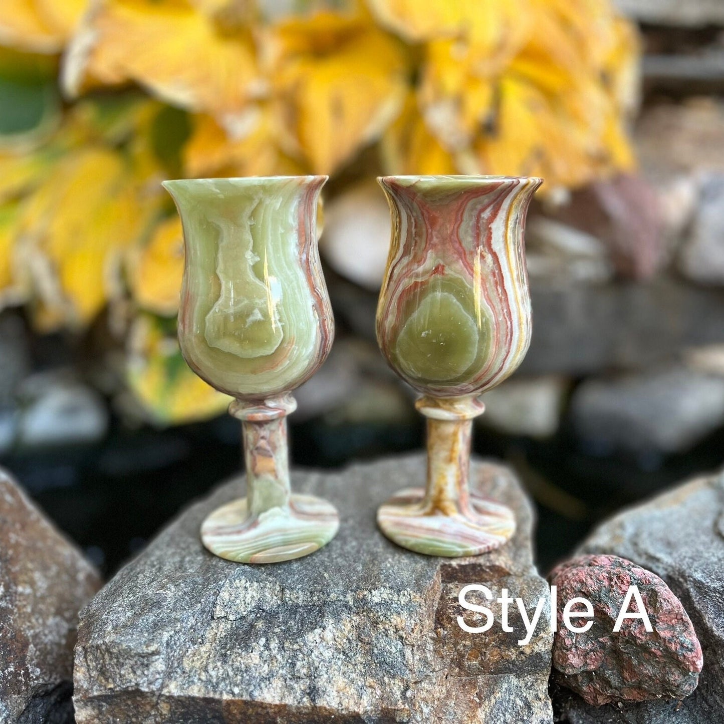 Handcrafted Set of Two Medium-Sized Green Onyx Stone Marble Wine Goblets: Onyx Cordials, Ideal Outdoor Barware, Stone Cups