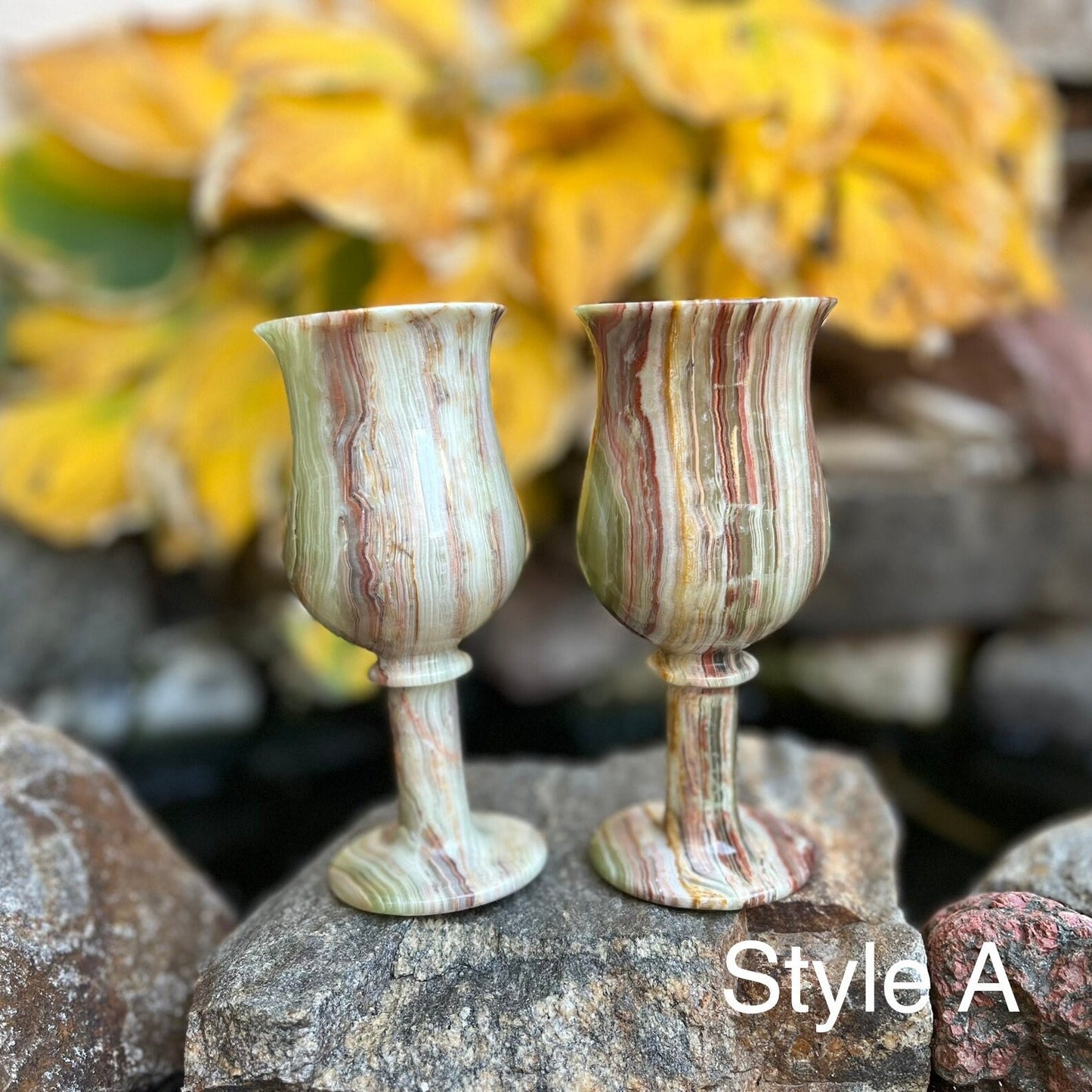 Handcrafted Set of Two Medium-Sized Green Onyx Stone Marble Wine Goblets: Onyx Cordials, Ideal Outdoor Barware, Stone Cups