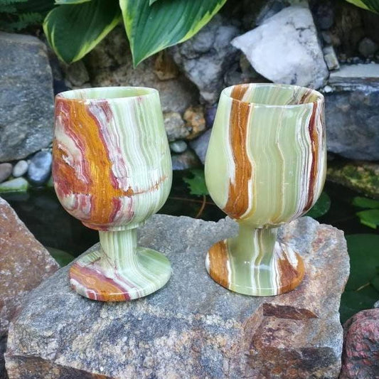 Vintage Green Onyx Marble Wine Goblets - Set of Two | Elegant Stone Wine Cups, Barware, Cordials | Unique Gift for Wife