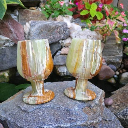Vintage Green Onyx Marble Wine Goblets - Set of Two | Elegant Stone Wine Cups, Barware, Cordials | Unique Gift for Wife