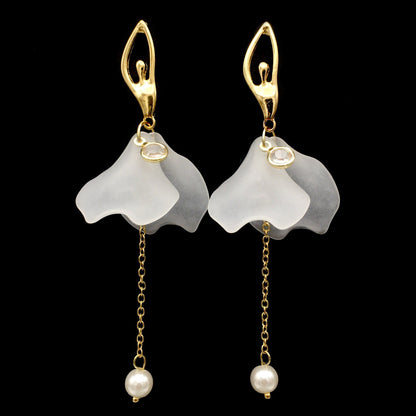 Gold-Toned Figurine Lady Ballerina Dancer with Pearl Statement Earrings