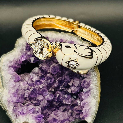 Gothic White-Gold Elephant Cuff Bracelet | Unisex Bangle with Crystals | Distinctive Boho Statement Jewelry