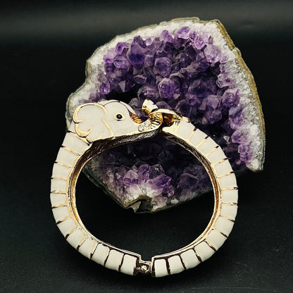 Gothic White-Gold Elephant Cuff Bracelet | Unisex Bangle with Crystals | Distinctive Boho Statement Jewelry