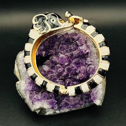 Gothic Gold Elephant Cuff | Black & White Design with Gold Accents | Unisex Bangle Bracelet