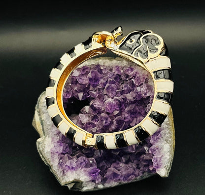 Gothic Gold Elephant Cuff | Black & White Design with Gold Accents | Unisex Bangle Bracelet