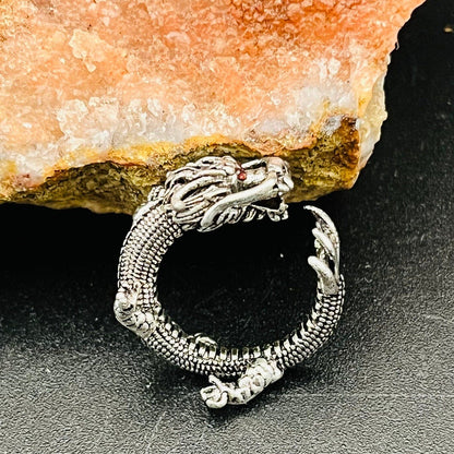 Handmade Adjustable Dragon Ring – Vintage Silver Fantasy Jewelry for Men & Women, Mythical Vintage-Style Fantasy Jewelry,