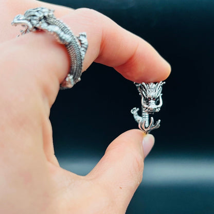 Handmade Adjustable Dragon Ring – Vintage Silver Fantasy Jewelry for Men & Women, Mythical Vintage-Style Fantasy Jewelry,