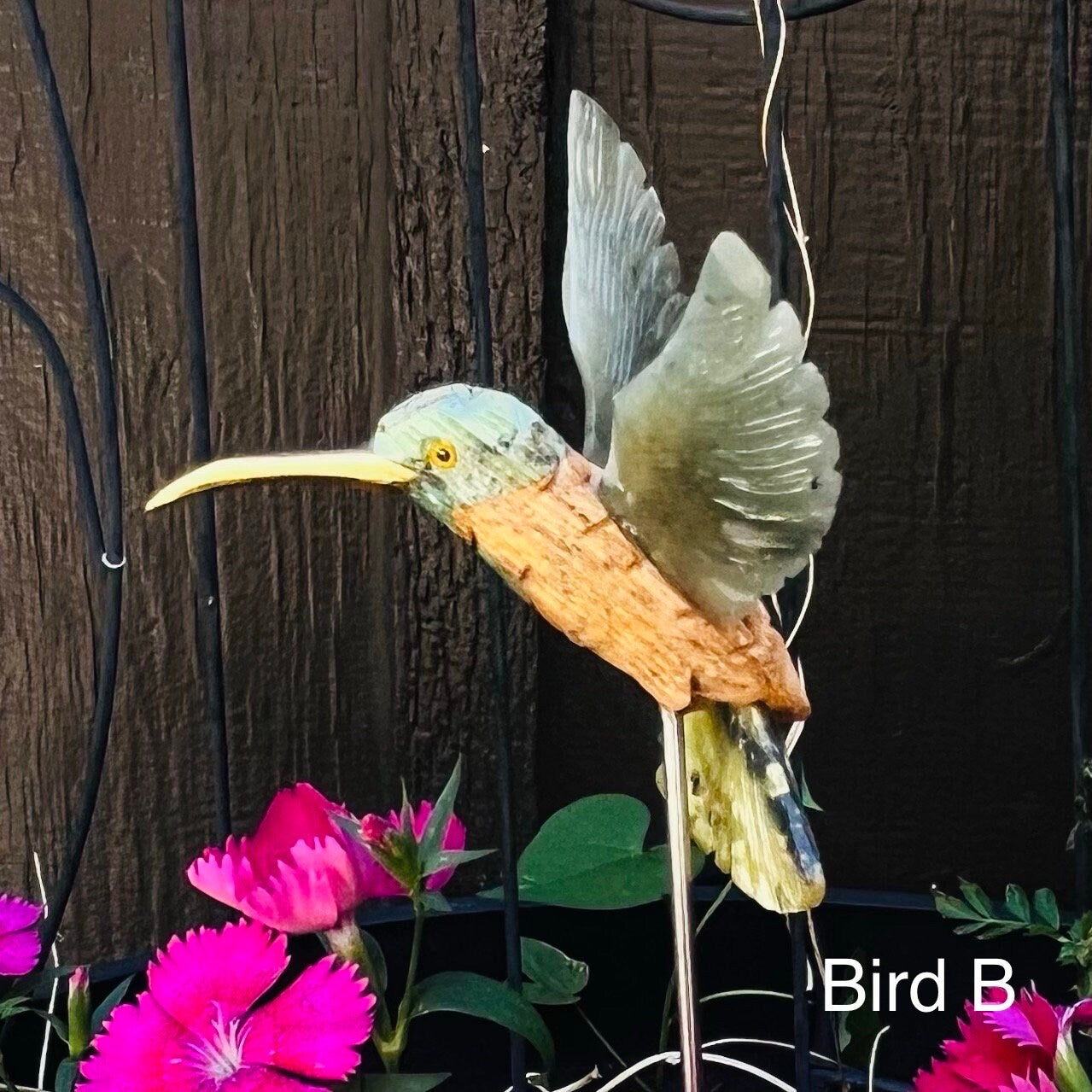 Hand-Carved Stone Hummingbird Staked Garden Decor | Precious Mineral Cute Bird Decor| Gift for Gardeners, Bird Watchers, For Mum