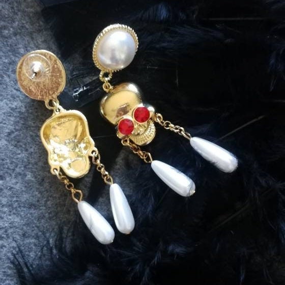 Victorian Gold-Toned Skull Dangle Earrings with Pearls and Red Gemstone Eyes