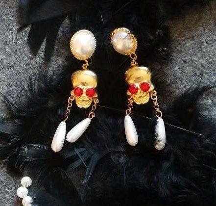 Victorian Gold-Toned Skull Dangle Earrings with Pearls and Red Gemstone Eyes