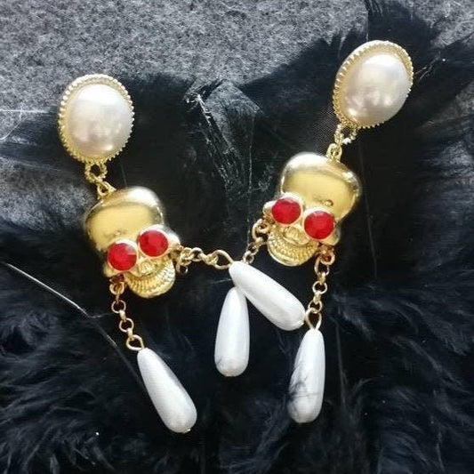 Victorian Gold-Toned Skull Dangle Earrings with Pearls and Red Gemstone Eyes