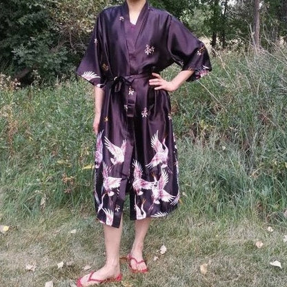 Long Floral Kimono Robe with Cranes and Blossoms