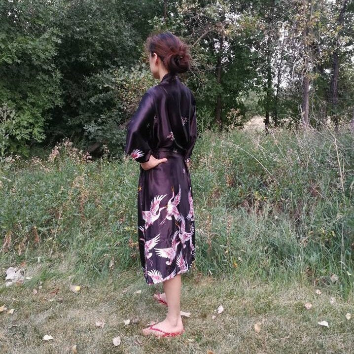 Long Floral Kimono Robe with Cranes and Blossoms: Versatile Nightgown, Beach Dress, Swim Cover-Up | Ideal Gift for Her or a Beautiful Bride