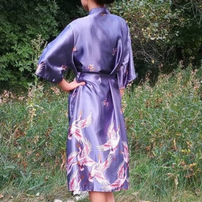 Long Floral Kimono Robe with Cranes and Blossoms