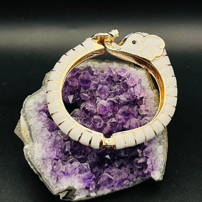 Gothic White-Gold Elephant Cuff Bracelet | Unisex Bangle with Crystals | Distinctive Boho Statement Jewelry