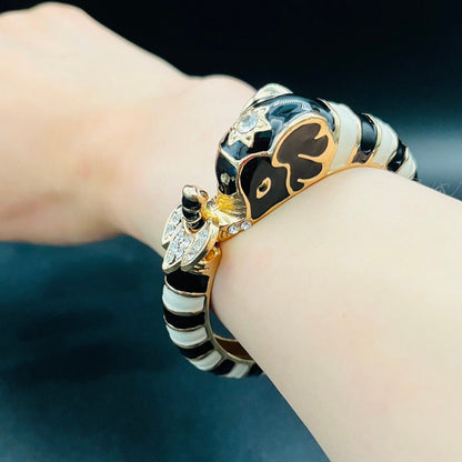 Gothic Gold Elephant Cuff | Black & White Design with Gold Accents | Unisex Bangle Bracelet