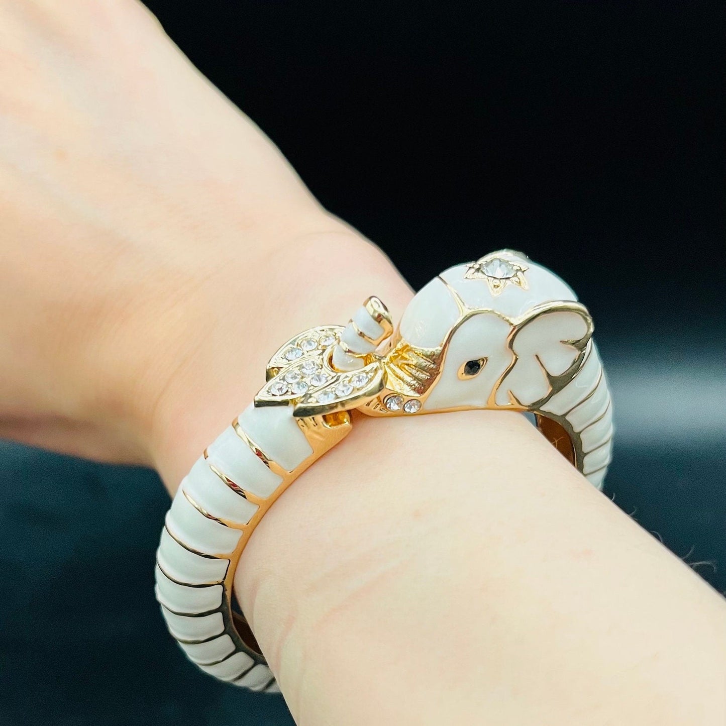 Gothic White-Gold Elephant Cuff Bracelet: Distinctive Unisex Bangle Bracelet with Crystals | Boho Statement Jewelry