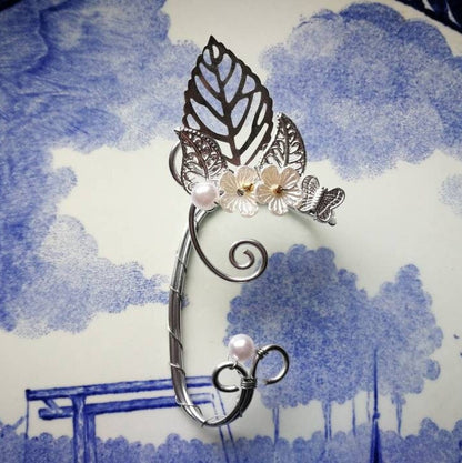 Handcrafted Silver Elven Ear Cuffs with Floral & Leaf Design | Fairy-Inspired Ear Wrap Jewelry