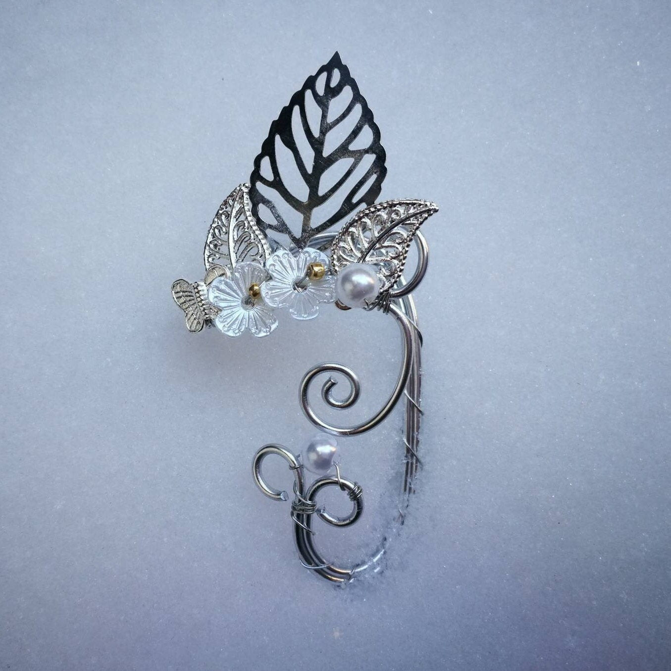 Handcrafted Silver Elven Elf Ear Cuffs with Floral and Leaf Design - Fairy Ear Wrap Jewelry, Boho Statement Jewelry