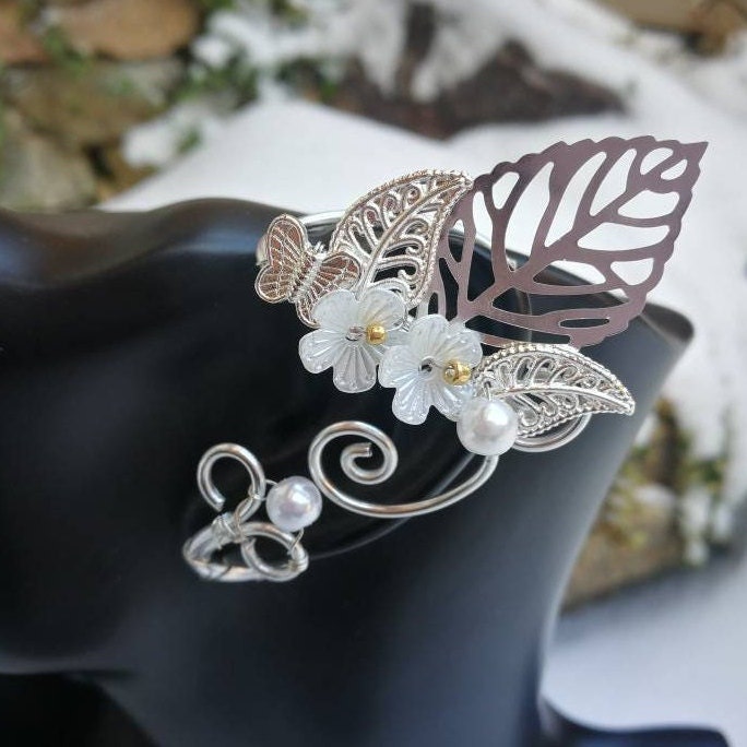 Handcrafted Silver Elven Elf Ear Cuffs with Floral and Leaf Design - Fairy Ear Wrap Jewelry, Boho Statement Jewelry