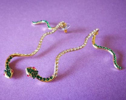 Vintage Gold-Toned Snake Earrings with Emerald Eyes | Statement Bohemian Snake Jewelry | Perfect Gift for Her, or Him