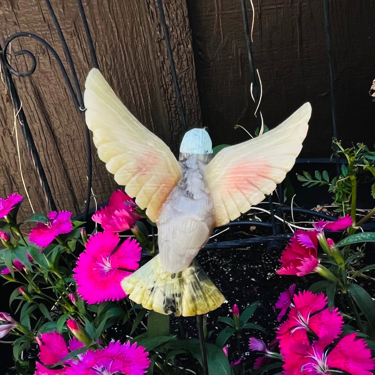 Hand-Carved Stone Hummingbird Staked Garden Decor | Precious Mineral Cute Bird Decor| Gift for Gardeners, Bird Watchers, For Mum