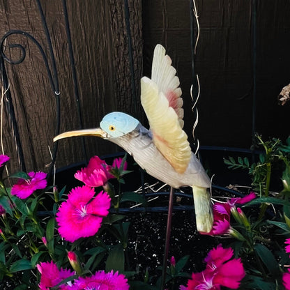 Hand-Carved Stone Hummingbird Garden Stake | Precious Mineral Bird Decoration