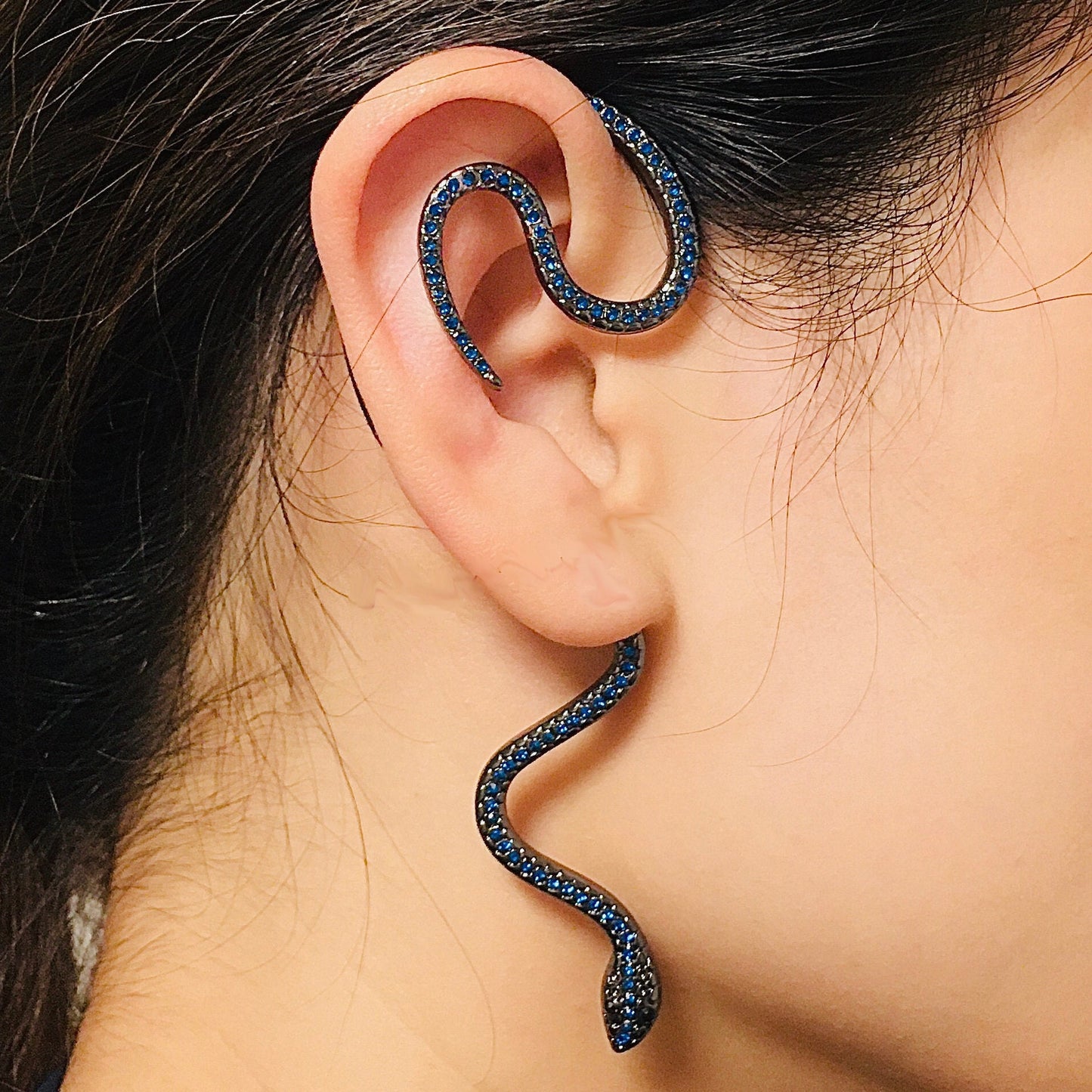 Vintage Silver and Blue Snake Ear Wrap | Bohemian Serpent Ear Cuff | Dragon Ear Wrap for Left or Right Ear | No Piercing Needed