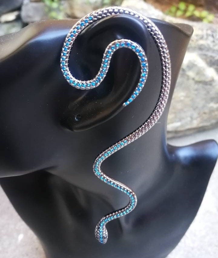 Vintage Silver and Blue Snake Ear Wrap | Bohemian Serpent Ear Cuff | Dragon Ear Wrap for Left or Right Ear | No Piercing Needed