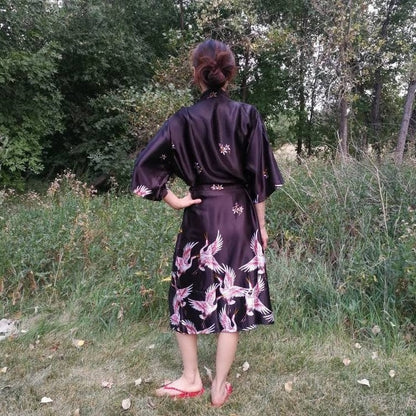 Long Floral Kimono Robe with Cranes and Blossoms