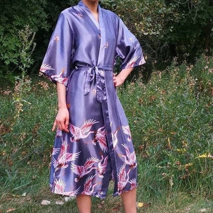 Long Floral Kimono Robe with Cranes and Blossoms