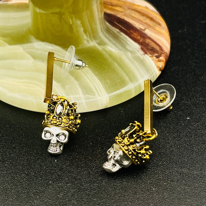 Gold-Toned Crown and Gothic Skull Dangle Earrings
